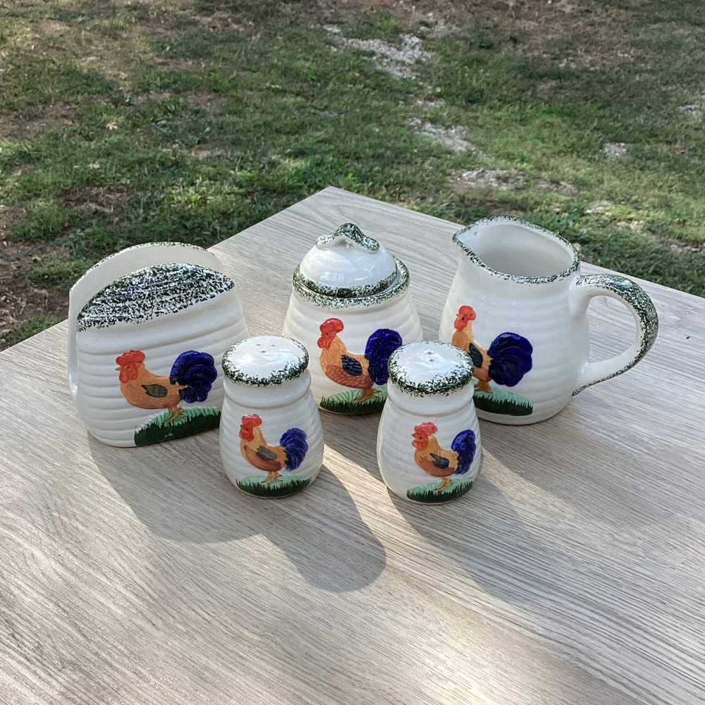 Vintage Rooster Napkin Holder Sugar Bowl Creamer Pitcher Salt Pepper Shakers Set